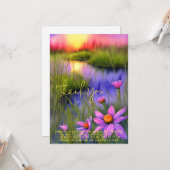 明るい水色の日没の池と花のカスタム カード (正面/裏面インサイチュ)