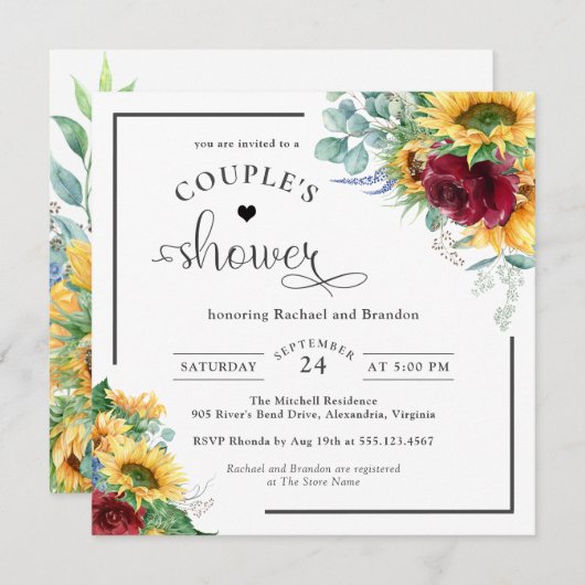 明るい水色ひまわりカップルのシャワー 招待状 (正面/裏面)