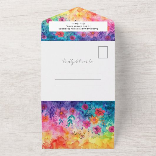 明るい水色グラディエント牧草地結婚花 オールインワン招待状 (外側)