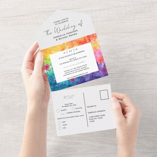 明るい水色グラディエント牧草地結婚花 オールインワン招待状 (貼ってはがせる)