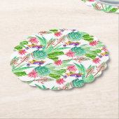 明るい水色サボテンと多肉模様 ペーパーコースター (アングル)