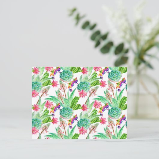 明るい水色サボテンと多肉模様 ポストカード (スタンド正面)