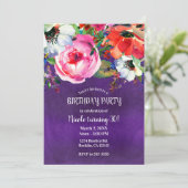 明るい水色フローラ紫色の誕生日パーティー 招待状 (スタンド正面)