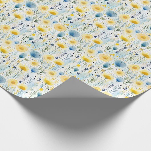 明るい水色フローラ黄色と青の植物学 ラッピングペーパー (角)