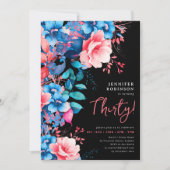 明るい水色フローラ30thバースデーブラック 招待状 (正面)