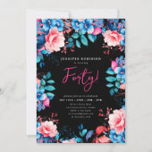 明るい水色フローラ40thバースデーブラック 招待状 (正面)