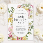 明るい水色フローラ40th誕生日パーティー 招待状<br><div class="desc">黄色フェミニン色、ピンク色、白エレガント色、緑の明るい色の水色のフローラ枠と美しい誕生日パーティーの招待は、魅力とポップ・アートのこの招待スタイリッシュを作る。トレンディータイプの顔の組み合わせは、サンセリフと組み合わされた小文字のフォントでシックなタイトルをモダン含む。ゲストの名前はスクリプトフォントで書フェミニンかれている。簡単をカスタマイズして、文字テンプレートをイベント詳細で使用する。この招待状は、年齢の誕生日（40歳の誕生日として表示）に使用できる。ニュース素晴らし!この招待状は、印刷された招待状に加えて、受信者に電子メールを送信するためのペーパーレスのデジタルダウンロードとして注文するこ高品質とができる。</div>