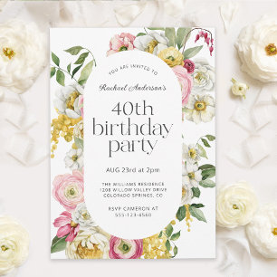 明るい水色フローラ40th誕生日パーティー 招待状