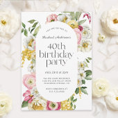 明るい水色フローラ40th誕生日パーティー 招待状