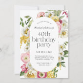 明るい水色フローラ40th誕生日パーティー 招待状 (正面)