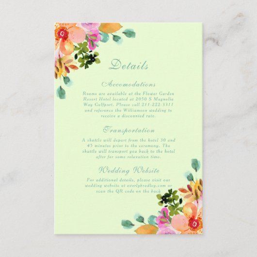 明るい水色フローラQRコード詳細結婚の エンクロージャーカード (正面)