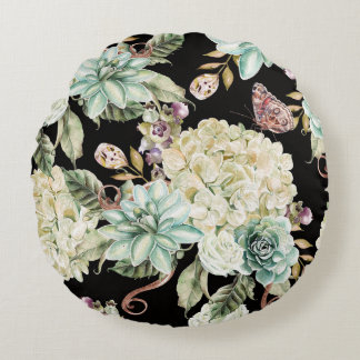 明るい水色：あじさいバラ模様。 ラウンドクッション