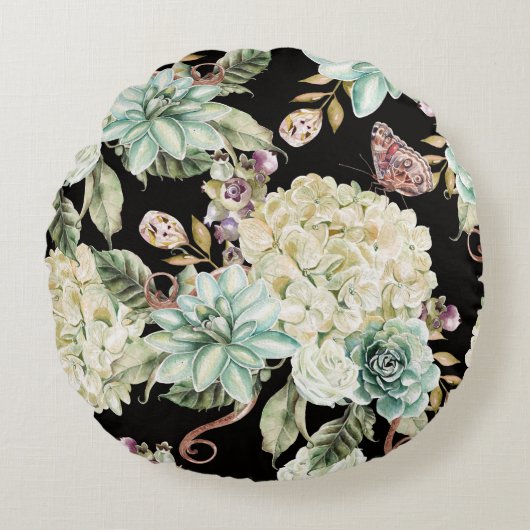 明るい水色：あじさいバラ模様。 ラウンドクッション (正面)