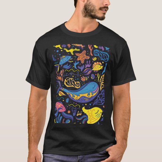 明るい海のパターン - 海の落書きドローイング Tシャツ (正面)
