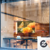 明るい深い黄色の花と蝶 ウィンドウサイン (カフェ窓)