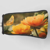 明るい深い黄色の花と蝶 ゴルフヘッドカバー (正面)