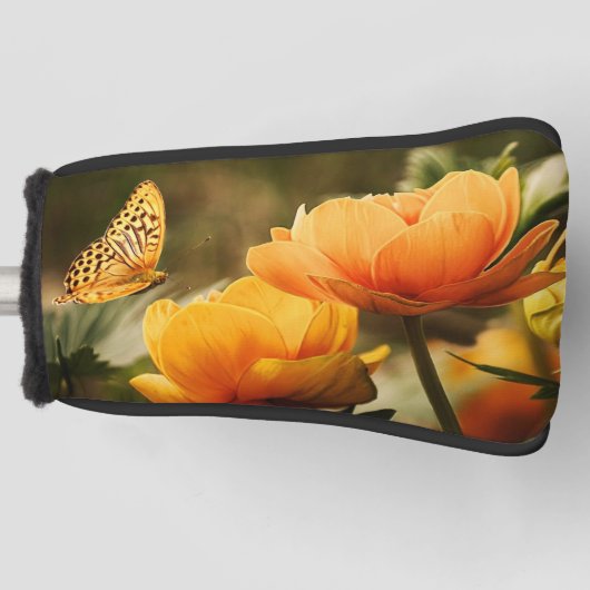 明るい深い黄色の花と蝶 ゴルフヘッドカバー (正面)