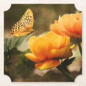 明るい深い黄色の花と蝶 ペーパーコースター (正面)