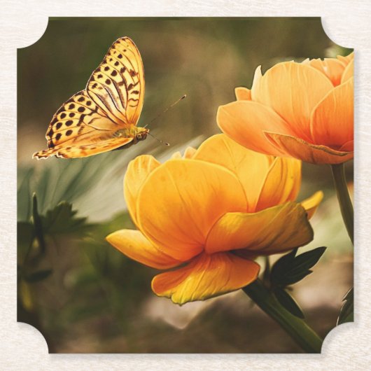 明るい深い黄色の花と蝶 ペーパーコースター (正面)