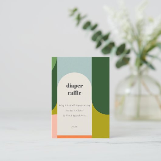 明るい溝深いレトロアーチオムツラッフルベビーシャワー エンクロージャーカード (スタンド正面)