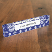 明るい濃紺のダマスク織パターン デスクネームプレート (側面)