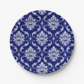 明るい濃紺のダマスク織パターン ペーパープレート (正面)