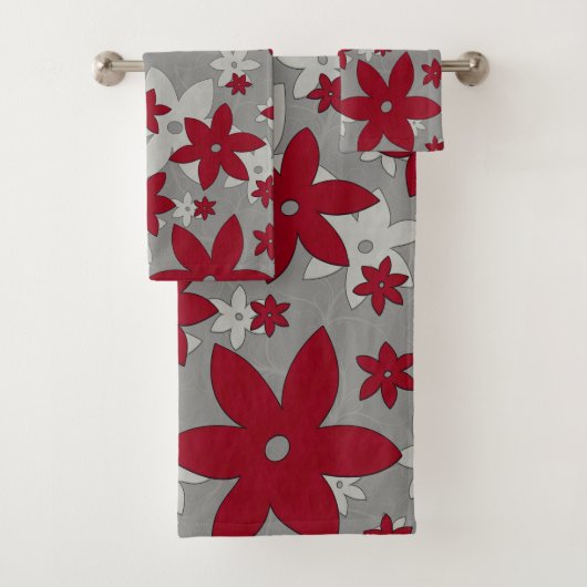 明るい灰色とつる植物にバーガンディの花 バスタオルセット (インサイチュ)