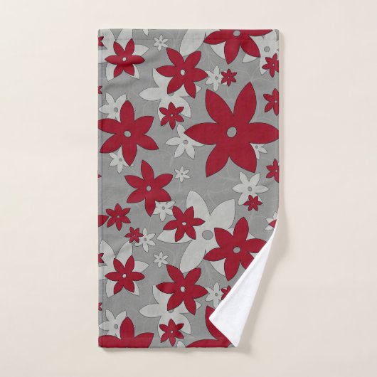 明るい灰色とつる植物にバーガンディの花 バスタオルセット (ハンドタオル)