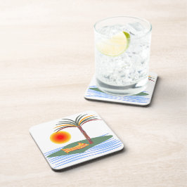 明るい熱帯のヤシの木、太陽と波 コースター