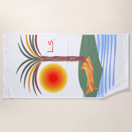 明るい熱帯のヤシの木、太陽と波 ビーチタオル