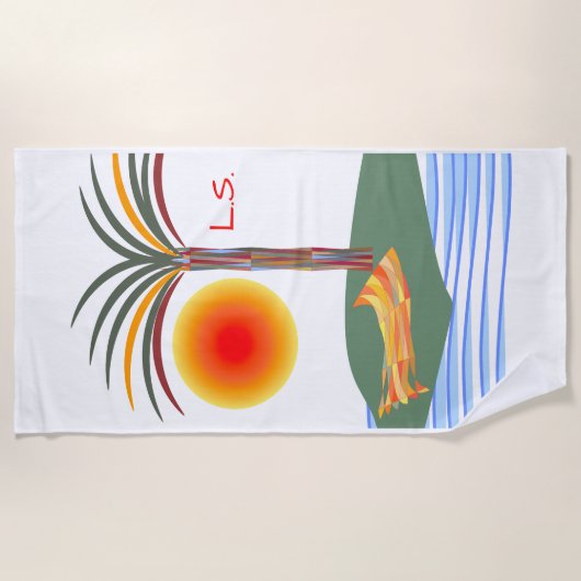 明るい熱帯のヤシの木、太陽と波 ビーチタオル (正面)