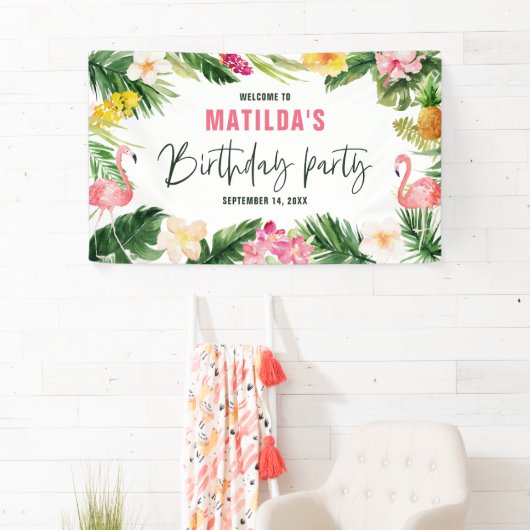 明るい熱帯の葉の誕生日パーティー 横断幕 (インサイチュ)