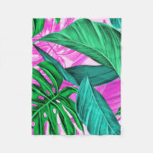 明るい熱帯ピンクおよび緑の葉 フリースブランケット (正面)