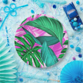 明るい熱帯ピンクと緑葉の ペーパープレート (パーティー)