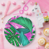 明るい熱帯ピンクと緑葉の ペーパープレート (パーティー)