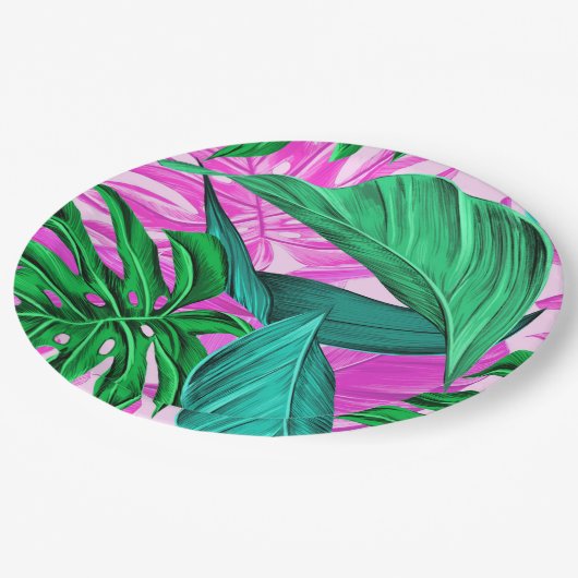 明るい熱帯ピンクと緑葉の ペーパープレート (アングル)