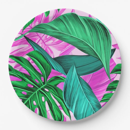 明るい熱帯ピンクと緑葉の ペーパープレート (正面)
