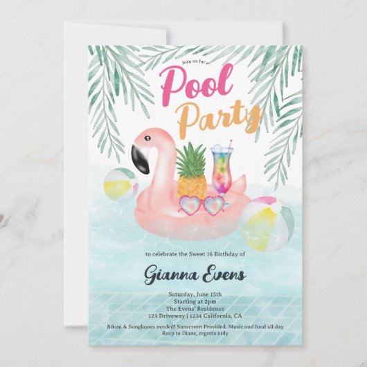 明るい熱帯プールパーティーピンクフラミンゴスイート16 招待状 (正面)