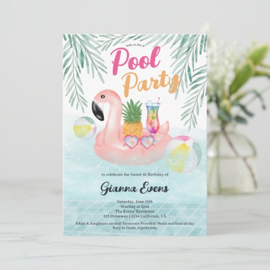 明るい熱帯プールパーティーピンクフラミンゴスイート16 招待状 (スタンド正面)