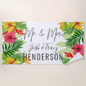 明るい熱帯葉の花とミセス ビーチタオル (正面)