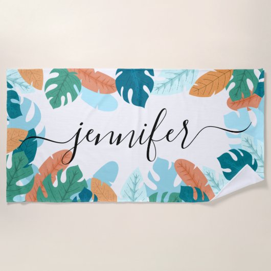 明るい熱帯葉産パーソナライズされた名 ビーチタオル (正面)