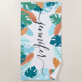 明るい熱帯葉産パーソナライズされた名 ビーチタオル (正面)