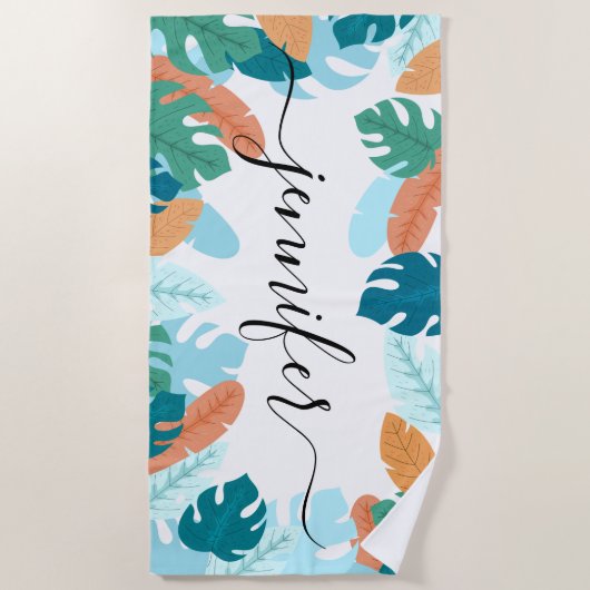 明るい熱帯葉産パーソナライズされた名 ビーチタオル (正面)