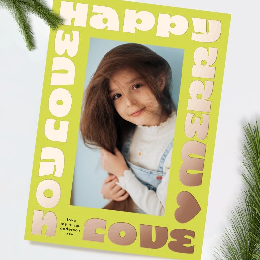 明るい現代的な願い | クリスマスのワンフォト黄色 箔シーズンカード