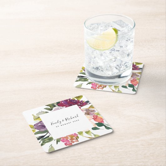 明るい白色イエロー赤面ブルゴーニュフローラ束 スクエアペーパーコースター (インサイチュ)