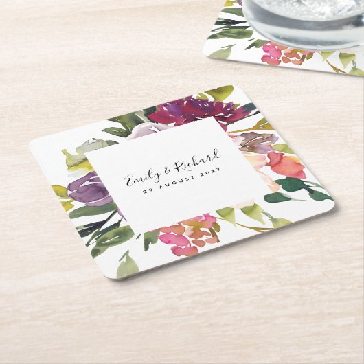 明るい白色イエロー赤面ブルゴーニュフローラ束 スクエアペーパーコースター (アングル)