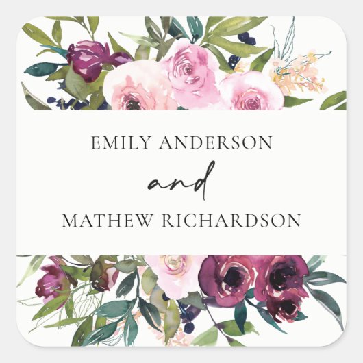 明るい白赤面ブルゴーニュフローラバンチ結婚ーズ スクエアシール (正面)