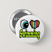 明るい目のハート私は水泳が大好き 缶バッジ (正面&裏面)