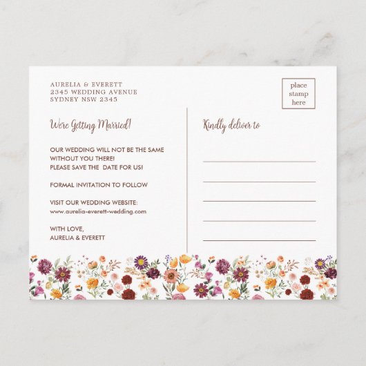 明るい秋ワイルドフラワーウェディング日付写真を保存 案内ポストカード (裏面)