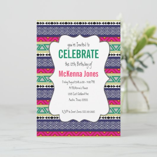 明るい種族のアステカなパターン誕生日の招待状 招待状 (スタンド正面)